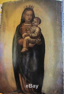 Old Religious Table Madonna And Child Oil Wood Panel Retable XVII