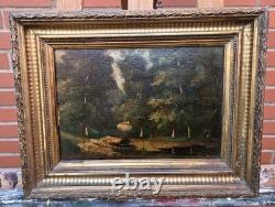 Old Signed Painting. Landscape Under the Woods. Oil on Wood Panel.