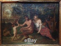 Old Table Nineteenth Satyr And Nymph Putti In The Woods Oil On Canvas 19th