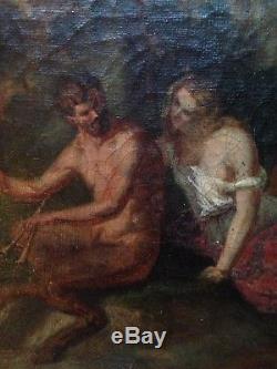 Old Table Nineteenth Satyr And Nymph Putti In The Woods Oil On Canvas 19th