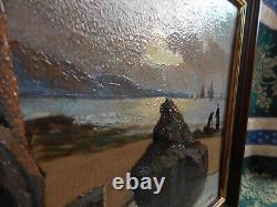 Old Tableau Oil Painting Wood Seaside Brittany Sailboat