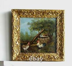 Old Wood Frame Dore Oil Painting On Wood Rooster And Hens