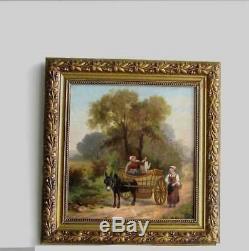 Old Wood Frame Dore Painting Oil On Canvas Farmer And Donkey