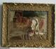 Old Wood Frame Dore Painting Oil On Canvas Horses And Hens