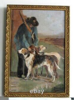 Old Wood Frame Dore Painting Oil On Canvas Hunter And His Dogs