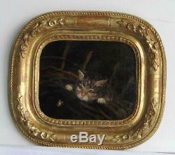 Old Wood Frame Dore Painting Oil On Canvas Kitten And Butterfly