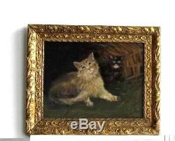 Old Wood Frame Dore Painting Oil On Canvas Two Cats