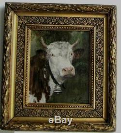 Old Wood Frame Dore Painting Oil On Canvas White And Brown Cow