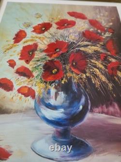 Old carved wooden frame with a reproduction of an oil on canvas signed