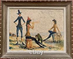 Old double-sided oil painting: landscape with horses and marine scene with genre monkey signature