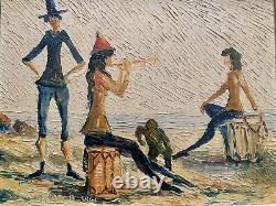 Old double-sided oil painting: landscape with horses and marine scene with genre monkey signature