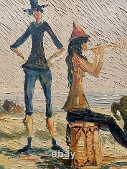 Old double-sided oil painting: landscape with horses and marine scene with genre monkey signature