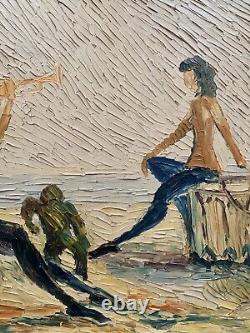 Old double-sided oil painting: landscape with horses and marine scene with genre monkey signature