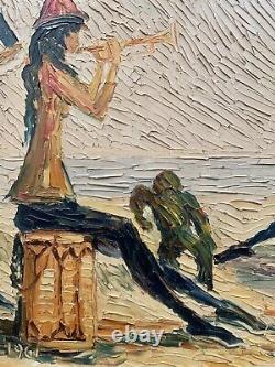 Old double-sided oil painting: landscape with horses and marine scene with genre monkey signature