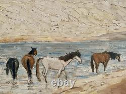 Old double-sided oil painting: landscape with horses and marine scene with genre monkey signature