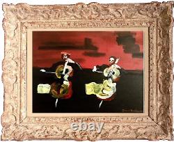 Old figurative oil painting naive fauvism orchestra duo by Gilbert Dupisson Var