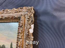 Old framed wooden oil painting on panel, signed, river scene