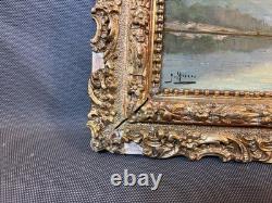 Old framed wooden oil painting on panel, signed, river scene