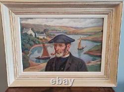 Old landscape lakeside painting with figure signed Collard 1943