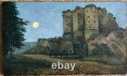 Old landscape painting with castle, initials LL, symbolism