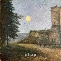 Old landscape painting with castle, initials LL, symbolism