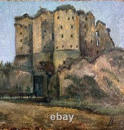 Old landscape painting with castle, initials LL, symbolism