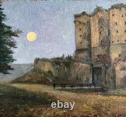Old landscape painting with castle, initials LL, symbolism