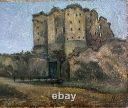 Old landscape painting with castle, initials LL, symbolism
