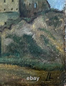 Old landscape painting with castle, initials LL, symbolism