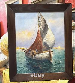 Old large oil painting on wood of a fishing boat in the Mediterranean coast