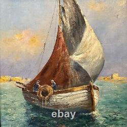 Old large oil painting on wood of a fishing boat in the Mediterranean coast
