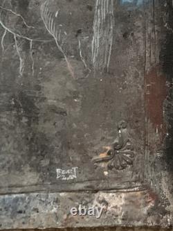 Old mixed-media oil painting, sculpture, horse and rider, signed Revest