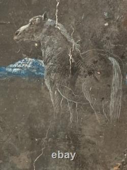 Old mixed-media oil painting, sculpture, horse and rider, signed Revest