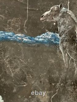 Old mixed-media oil painting, sculpture, horse and rider, signed Revest