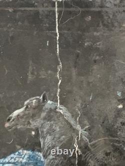 Old mixed-media oil painting, sculpture, horse and rider, signed Revest