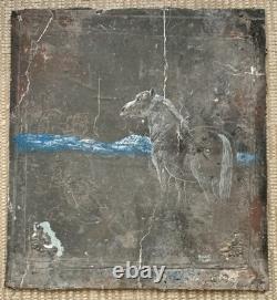 Old mixed-media oil painting, sculpture, horse and rider, signed Revest