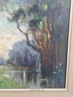 Old oil on canvas painting signed LANGOTIÈRE, woodland landscape, antique frame