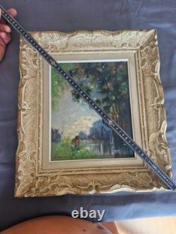 Old oil on canvas painting signed LANGOTIÈRE, woodland landscape, antique frame