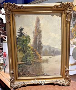 Old oil on wood painting, Seignol, Lyon School, 19th century, duck hunting, flight of ducks