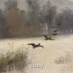 Old oil on wood painting, Seignol, Lyon School, 19th century, duck hunting, flight of ducks