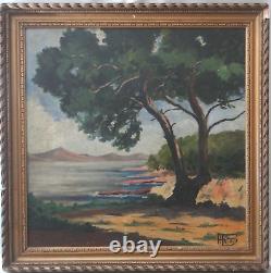 Old oil painting landscape fauvism pine parasol seaside signed