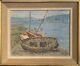 Old Oil Painting Of A Seascape With Stranded Boats Impressionism Signed Alvarez