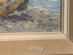 Old oil painting of a seascape with stranded boats impressionism signed Alvarez