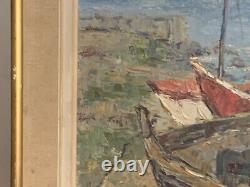 Old oil painting of a seascape with stranded boats impressionism signed Alvarez
