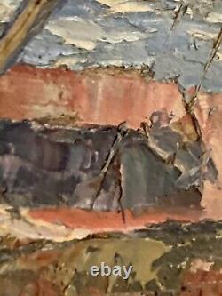 Old oil painting of a seascape with stranded boats impressionism signed Alvarez