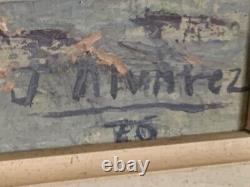 Old oil painting of a seascape with stranded boats impressionism signed Alvarez