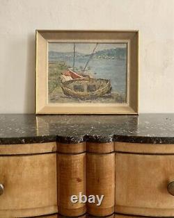 Old oil painting of a seascape with stranded boats impressionism signed Alvarez