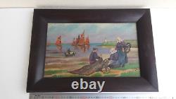 Old oil painting on wood MARINE BRETON FISHERMEN signed L JESSENT
