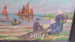 Old oil painting on wood MARINE BRETON FISHERMEN signed L JESSENT