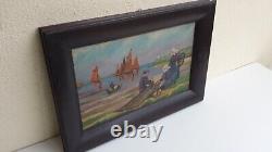 Old oil painting on wood MARINE BRETON FISHERMEN signed L JESSENT